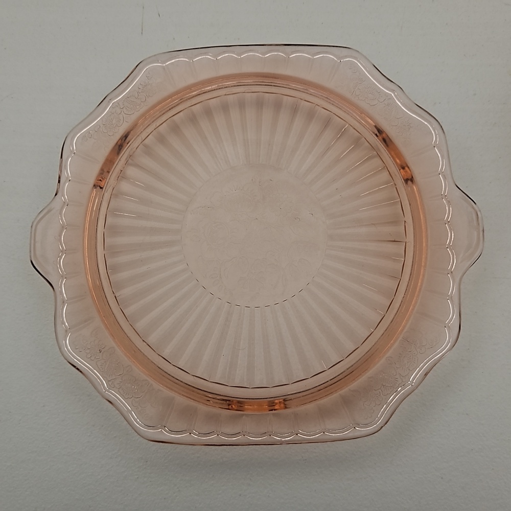 Hocking Glass Mayfair Open Rose Pink Glass Cake Plate w/handles Depression Glass